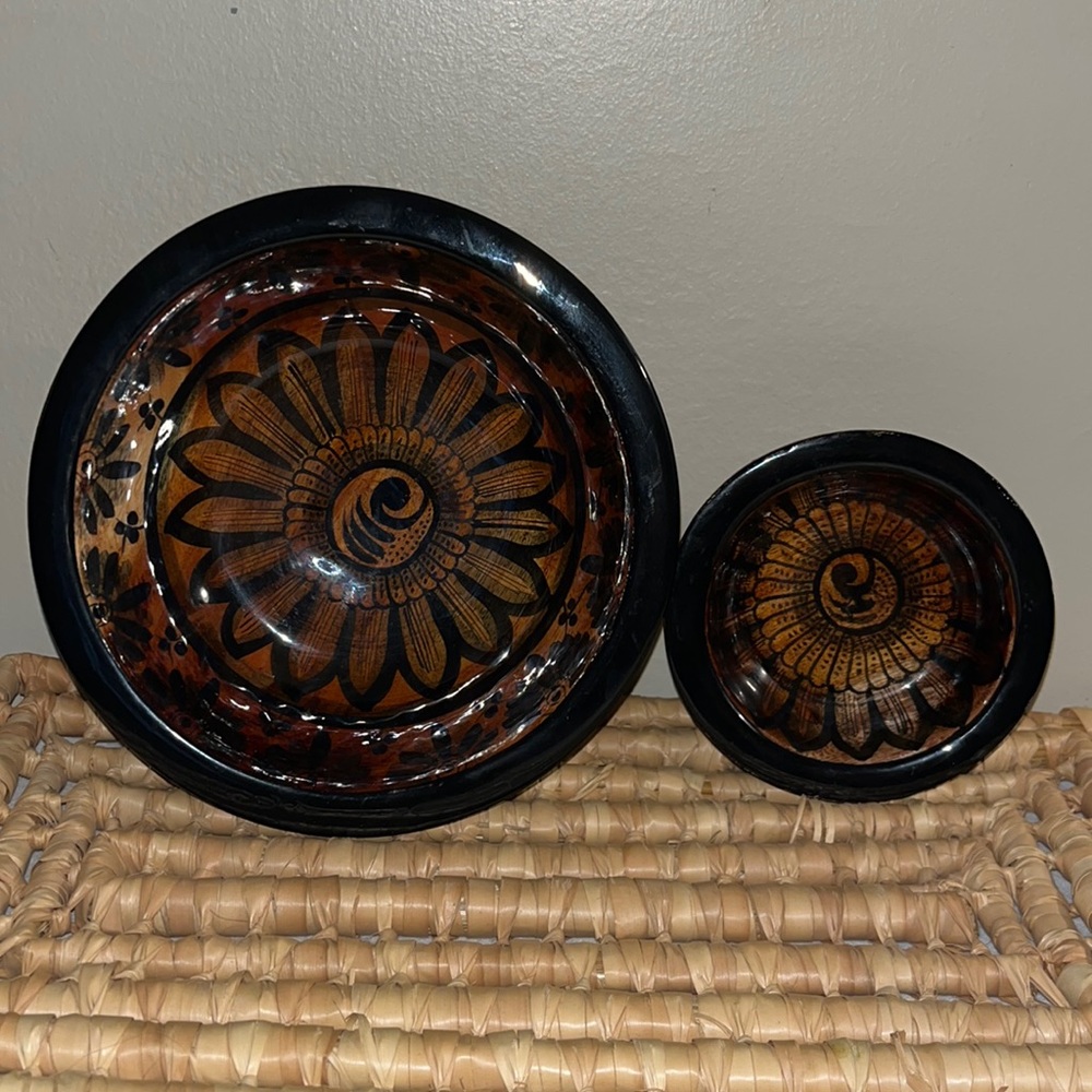2 Wood Mexican Folk Art Hand Painted Lacquer Signed Bowls